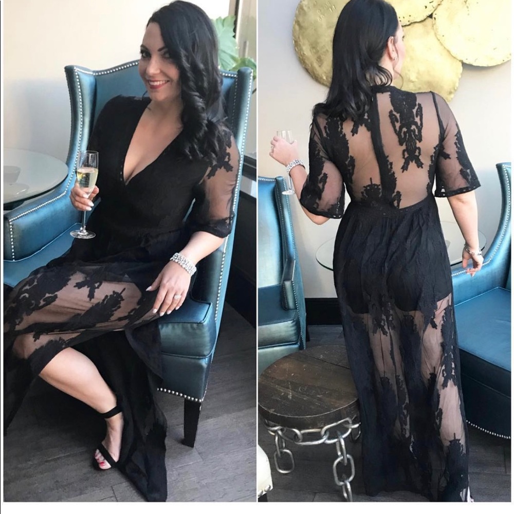 Black lace maxi dress with built in romper